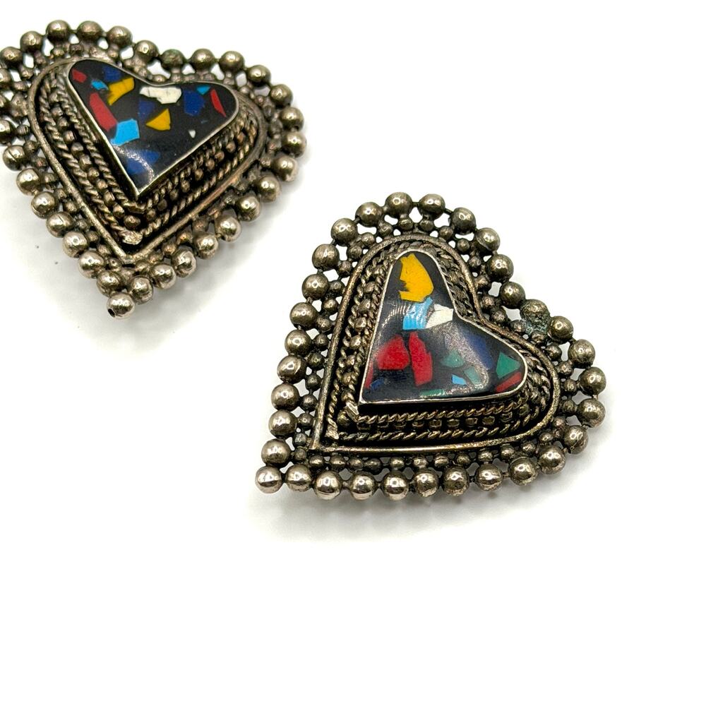 Vintage 80s Black Sterling Silver Multi Color Mosaic Inlay Heart Earrings